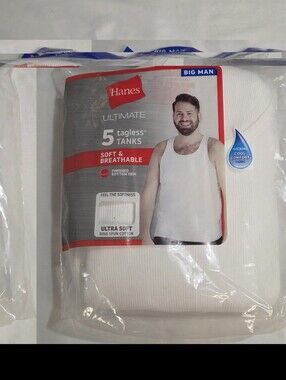 Hanes Mens Size 2XB 5 Pack White Tagless Ribbed Undershirts 100% Cotton New